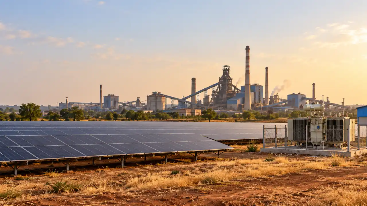 Illustration: a steel mill beyond a ground-mounted solar array