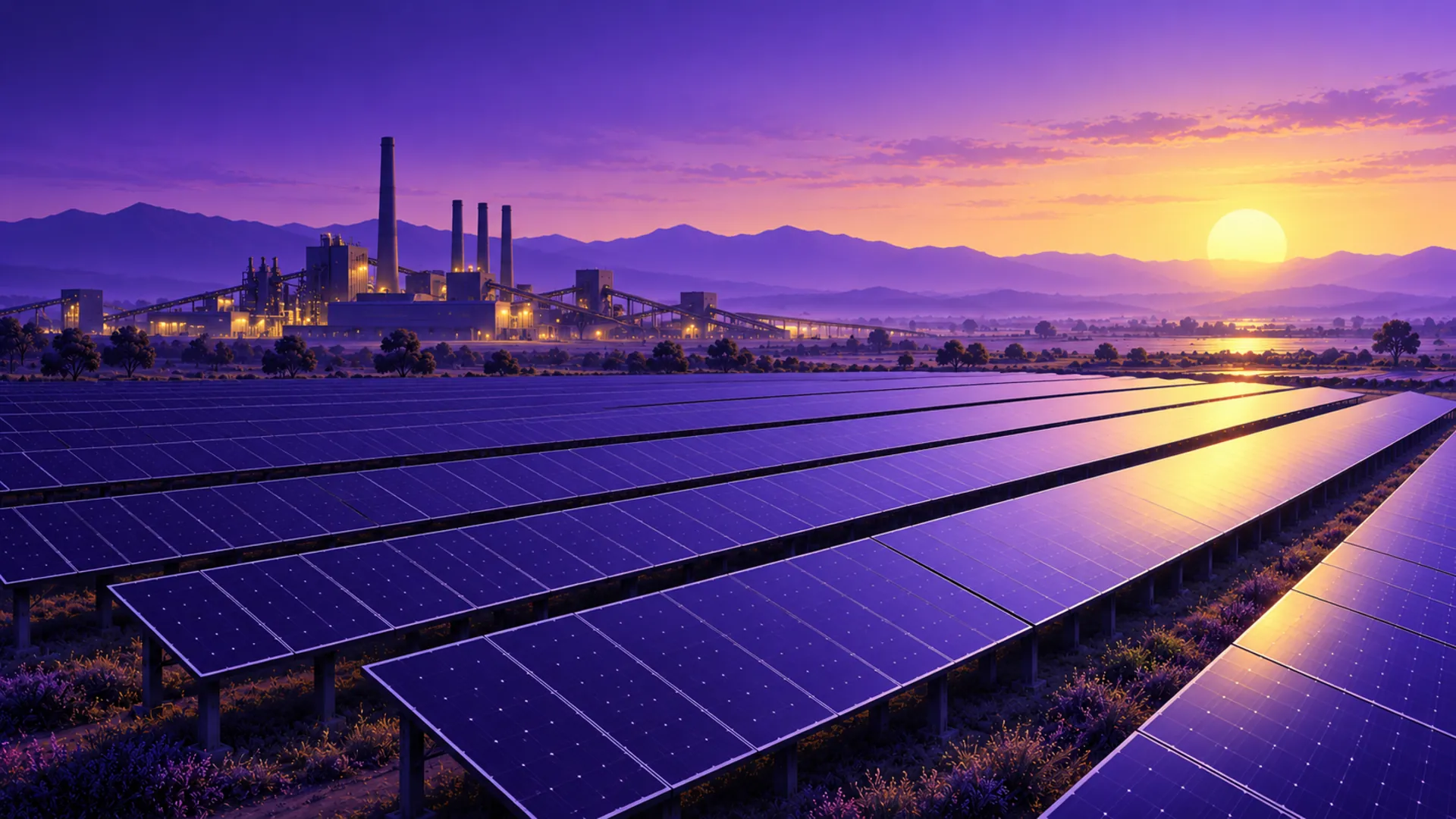 Illustration: a solar plant beside a steel mill