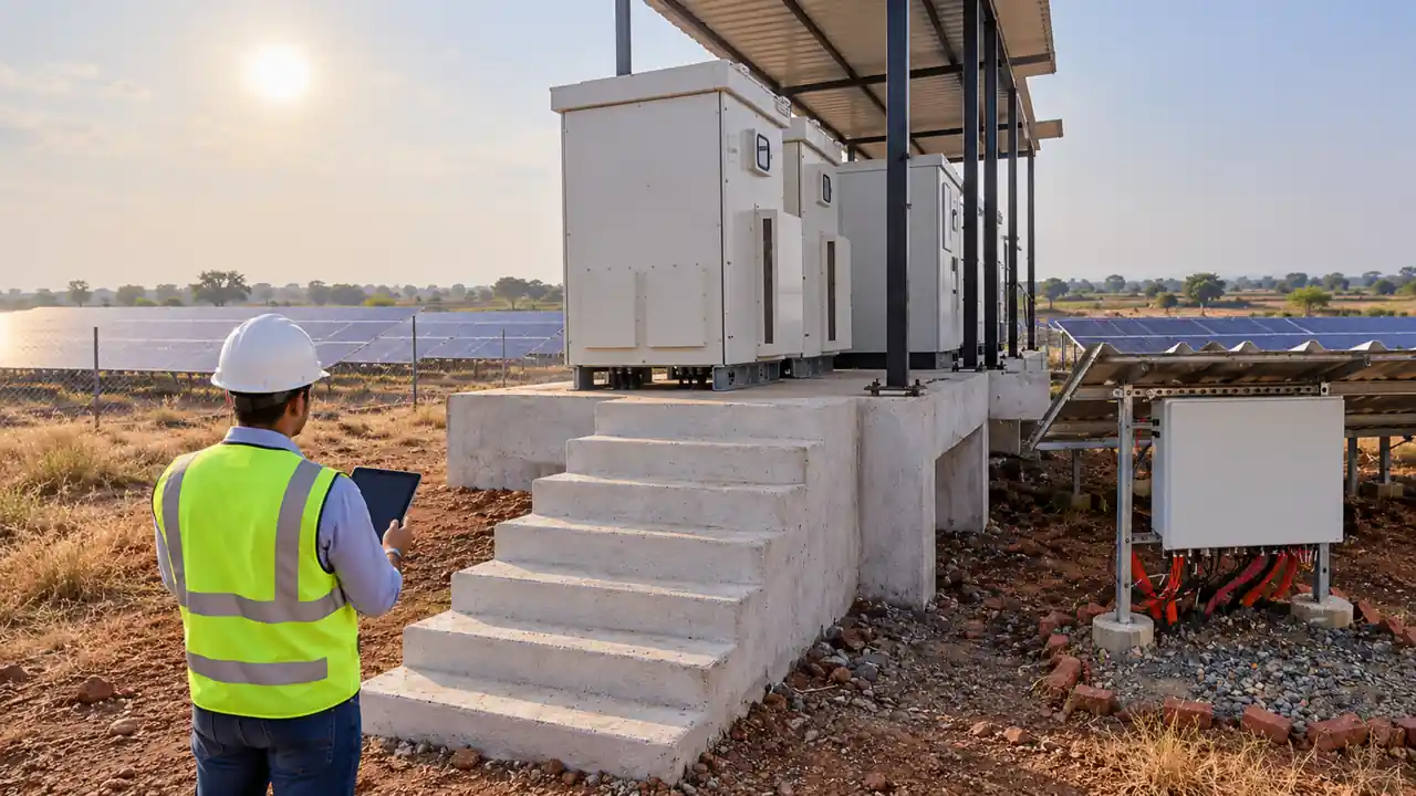 Illustration: an engineer with a tablet beside an inverter station and a combiner box