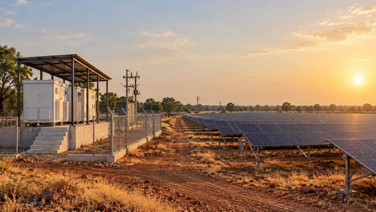 Illustration: a ground-mounted solar plant on flat farmland with its inverter room