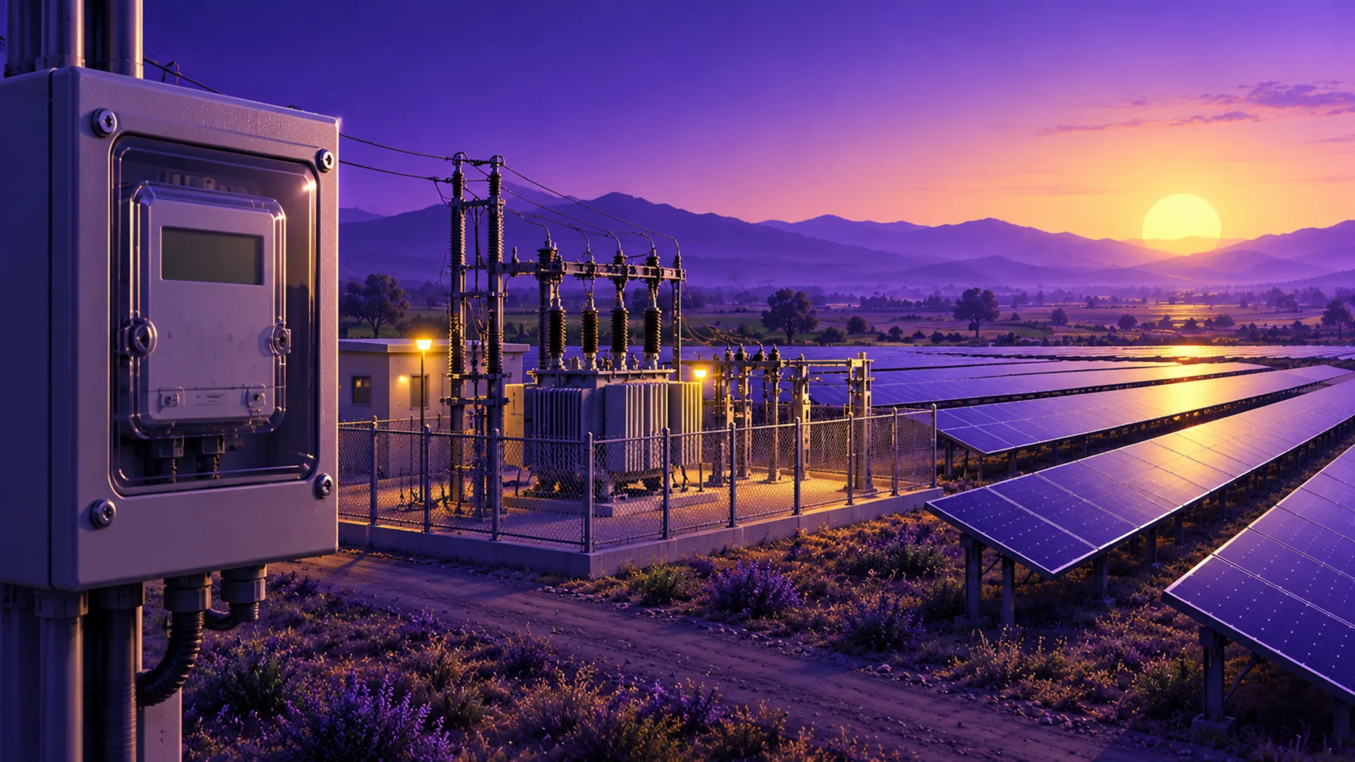 Illustration: a metering cabinet and a substation transformer beside a solar plant